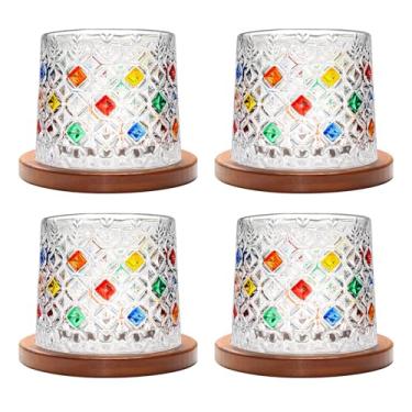 Imagem de Copo giratório antiquado, conjunto de 4 copos de uísque de cristal de 275 ml/283.5 g, porta-copos de madeira, espessamento, usado como copo de rum, copo de coquetel, xícara de café, copo de leite para