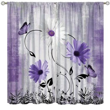 Imagem de Cortinas florais rústicas para fazenda, azul-petróleo, margarida, flores e borboleta, madeira, turquesa, roxo, tecido, tratamentos de janela para meninas, sala de estar, quarto, cozinha (sem blackout
