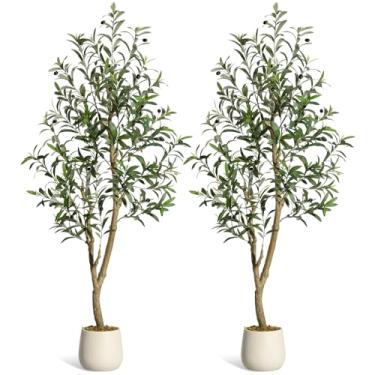 Imagem de Oliveiras artificiais para interior, planta de seda sintética de 1,5 m de altura - árvore em vaso falso com vaso branco, plantas artificiais com tronco de madeira natural e frutas realistas para