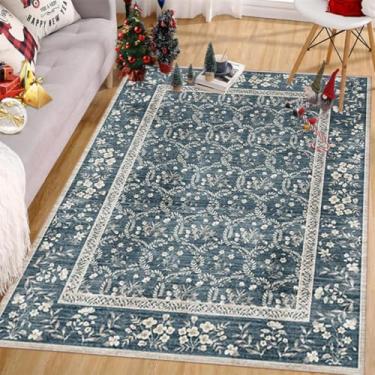 Imagem de ESSMOKO Tapetes tapete vintage tapete floral para sala de estar, resistente à sujidade e fácil de cuidar, rato azul e branco, 40 x 60 cm