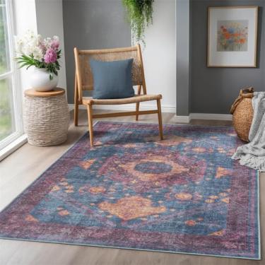 Imagem de ESSMOKO Tapetes tapete vintage lavável à máquina, tapete tradicional, macio, de cabelo curto, para cozinha, escritório, 50 x 80 cm, roxo vintage