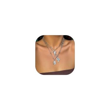 Imagem de NOVYRA Colares ocidentais em camadas para mulheres, boêmio, vários níveis, turquesa, vintage, concerto, cabeça de boi, cacto, cruz, colares de corrente cruzada, acessórios modernos, joias ocidentais