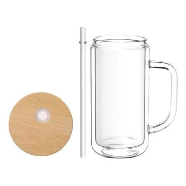 Imagem de Caneca de Vidro Dupla Parede Para Decorar, 530ml, Tampa de Bambu com Canudo, 20cm x 7cm - Premium MBB Shop Mix