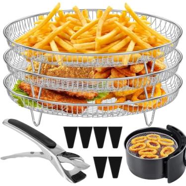 Imagem de Racks de fritadeira a ar redonda com três prateleiras empilháveis com clipe antiqueimadura e pés elevados, acessórios de fritadeira a ar de aço inoxidável para fritadeira a ar de 4,2 QT-5,8 QT, forno
