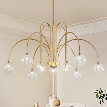 Imagem de CATINER Lustres Sputnik dourados 12 luzes lustre moderno grande L52 polegadas meados do século luminária pendente de teto com cortinas de globo de vidro transparente para teto alto sala de jantar hall