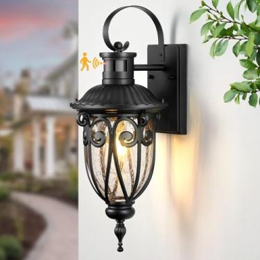 Imagem de VIANIS Luzes externas com sensor de movimento, luzes de movimento pretas para o exterior, luminárias externas do crepúsculo ao amanhecer com vidro semente, luminárias externas 100% alumínio com casa