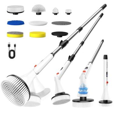 Imagem de MayKing Esfregão giratório elétrico com 9 cabeças de escova, esfregão elétrico sem fio ajustável de 3 ângulos e 4 comprimentos, tela de LED de 3 velocidades e bateria, esfregão elétrico para limpeza