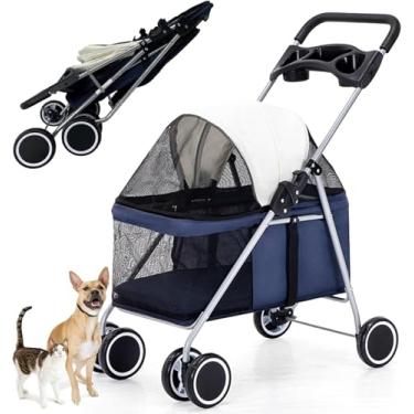 Imagem de Carrinho De Estimação Dobrável De 4 Rodas Para Cães Pequenos Médios Gatos Até 33lbs, Fácil Dobrar Carrinho De Cachorro Portátil à Prova D'Água Para Viagens E Compras, Blue