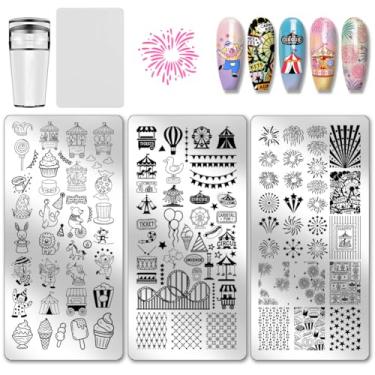 Imagem de PH PandaHall 3 peças de placa de carimbo de unha de parque de diversões padrão de fogo de artifício de circo impressão de molde de arte de aço inoxidável placa de imagem de unhas de passeio de