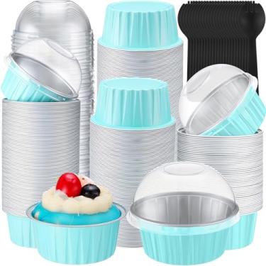 Imagem de Gandeer 200 forros de cupcake de 142 g com tampas de cúpula e colheres, copos redondos de alumínio para assar, latas de muffin descartáveis, ramequins de sobremesa para casamento, aniversário