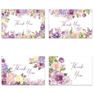 Imagem de Tree-Free Greetings Cartões de agradecimento com envelopes brancos para casamento, chá de bebê, formatura, 10 x 15 cm, conjunto de 48, casamento floral roxo (TA61314)