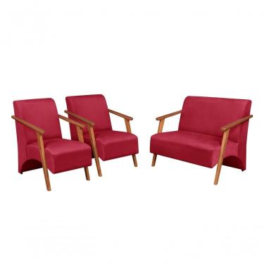 Imagem de Conjunto Venus Braços Em Madeira Maciça 1 Namoradeira 2 Poltronas Suede Unidecor Vermelho