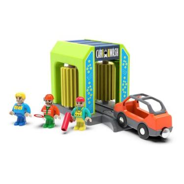 Imagem de Car Wash Station Playset Toy HANQIANN para trilhos de trem de madeira