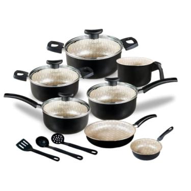 Imagem de Jogo de Panelas Antiaderente Tampas de Vidro - Cozinha Saudável sem Óleo, Prática e Completa para o Dia a Dia (Preto Glacial)