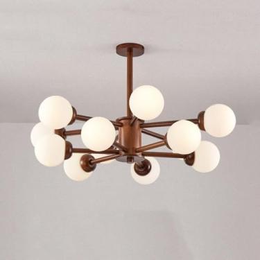 Imagem de Lustre moderno de vidro para sala de jantar, lustre de vidro leitoso de madeira de fazenda, luz de teto embutida, luz pendente para cozinha, ilha, quarto, sala de estar, nogueira, 12 luzes