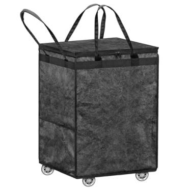 Imagem de Cesto grande para roupa suja, saco reutilizável para compra, carrinho dobrável com rodas e alça, sacos de compras com rodas, organizador de roupas e mantimentos (preto)