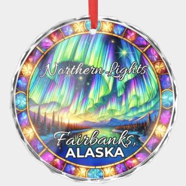 Imagem de Enfeite de Natal de vidro de cristal do Alasca Fairbanks Northern Lights, cena Aurora Boreal, disco redondo de 7,6 cm (0,6 cm de espessura) com bordas chanfradas – Lembrança de viagem do Alasca