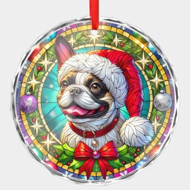 Imagem de Enfeite de Natal de buldogue francês, enfeite de cachorro estilo vitral impresso plano de cristal, decoração de feriado com chapéu de Papai Noel francês, borda chanfrada redonda de 7,6 cm, presente de