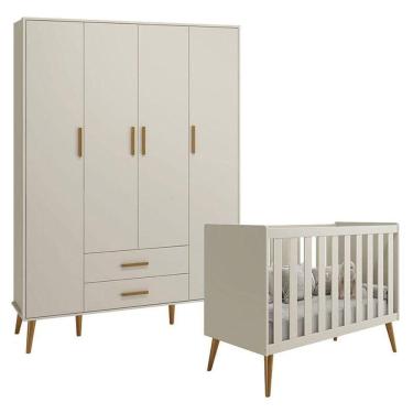Imagem de Berço Americano E Guarda Roupa Infantil 4 Portas Isis Areia Acetinado - Reller