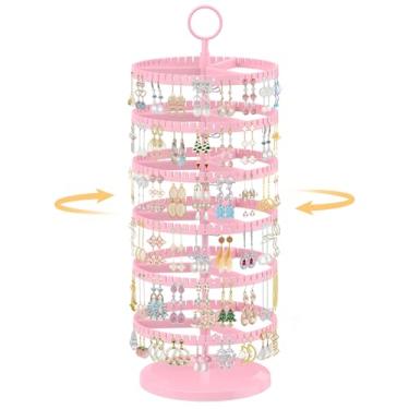 Imagem de EsLuker.ly Suporte de brinco organizador giratório para árvore com 342 compartimentos em U para mulheres e meninas, grande suporte de armazenamento de plástico ajustável de 6 camadas com bandeja de