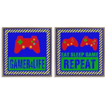 Imagem de Stupell Industries Gamer Quotes with Stripes 2 peças marrom emoldurado conjunto de tela flutuante, design por Marcus Prime, 18 x 18
