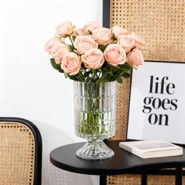 Imagem de GarDream Vaso de vidro com pedestal, vaso de cristal texturizado para flores, buquê, vasos transparentes vintage de 16 cm, vasos de flores decorativos para centros de mesa, mesa de jantar, decoração