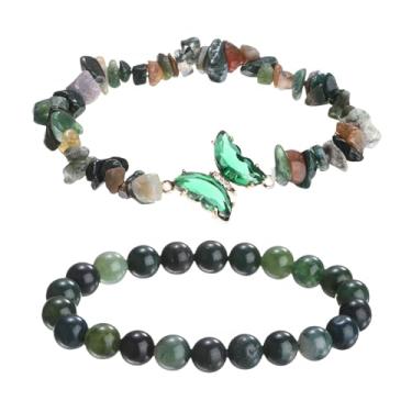 Imagem de PATIKIL Pulseiras de cristal para mulheres, 2 peças, pulseira de contas de ametista natural com pingente de borboleta elástica para presentes de amizade para casais, verde floresta