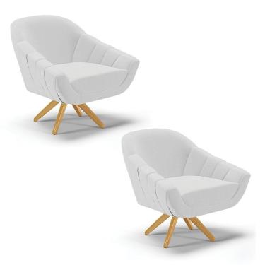 Imagem de Kit 02 Poltronas Giratória Linho Base Madeira Cinza