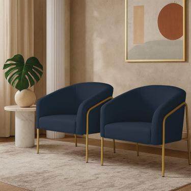 Imagem de Poltrona Sala Industrial Alta Dourado Kit 2 Stella Suede Azul M D03 - D`rossi