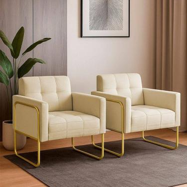 Imagem de Poltrona Sala Industrial Alta Tubo Dourado Kit 2 Elisa Linho D03 - D`rossi Cor Bege