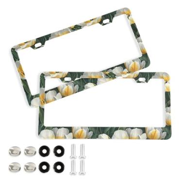 Imagem de SEHANY Molduras de placa de licença de flores florais coloridas, capas de moldura de placa de carro de alumínio à prova de ferrugem com orifícios elípticos e parafusos serve para veículos padrão dos
