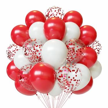 Imagem de Balões de látex vermelhos e brancos, 60 peças de balões confetes vermelhos e brancos de 30 cm com 1 fita para Natal, aniversário, formatura, decorações de festa do dia dos namorados