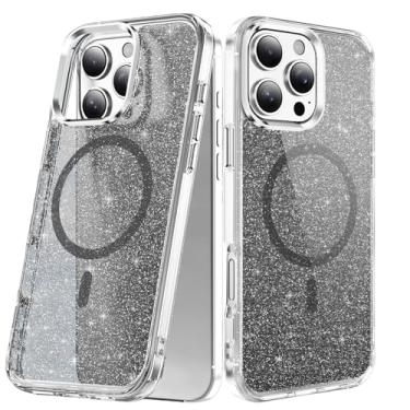 Imagem de LEMAXELERS Capa magnética para iPhone 13 Pro Max, compatível com MagSafe, capa protetora antiamarelamento com glitter transparente à prova de choque para iPhone 13 Pro Max, preto cristal