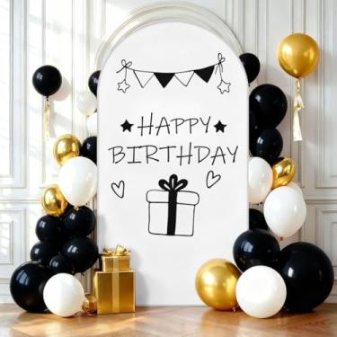 Imagem de Irisbell Capa de fundo de arco de aniversário com estampa de feliz aniversário, 2,5 m de elastano, com arco branco, arcos de Chiara, para decoração de festa de aniversário de chá de bebê (branco, 2