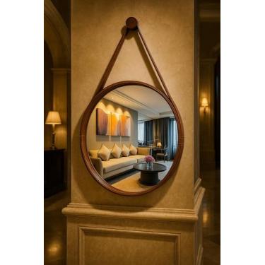 Imagem de Espelho redondo decorativo com moldura alça de couro 50cm caramelo - C