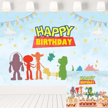 Imagem de Tema de brinquedo Happy Birthday Pano de fundo de desenho animado nuvens céu azul faixa de festa infantil para mesa de bolo 2,1 x 1,5 m 28