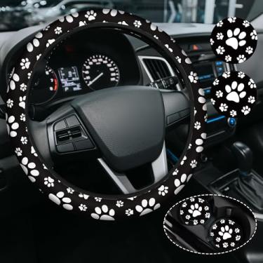 Imagem de Capa de volante Cute Dog Paws para mulheres e homens, antiderrapante de alta elasticidade, acessórios de carro, capas de volante, universal de 38 cm para carros, SUVS, inclui 2 porta-copos de cerâmica