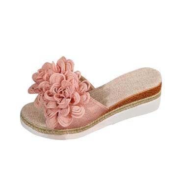 Imagem de Chinelo feminino casual verão cor sólida flor flor plataforma praia chinelos fundo grosso pacote vários tamanhos para mulheres, rosa, 35