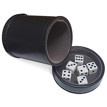 Imagem de Black PU Leather Dice Cup, Dark Grey Premium Felt Lined with Removable Matching Lid Cover Tray, Plus (6) 16mm D6 White Dice Squared Corners