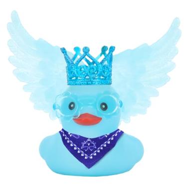 Imagem de BOZILY Blue Angel Rubber Ducky Car Dashboard Decor – Pato de borracha macio com coroa azul, óculos de sol, cachecol e asa, acessório de carro para alívio de estresse para adultos, inclui adesivos