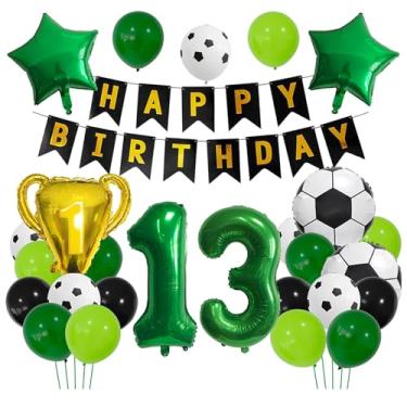 Imagem de 27 balões de futebol verde 13 anos. Decoração de futebol de 13 anos, 13 anos, troféu de futebol, 13 balões, ouro preto, tema esportivo, decoração de festa para crianças, meninos, decoração de festa de