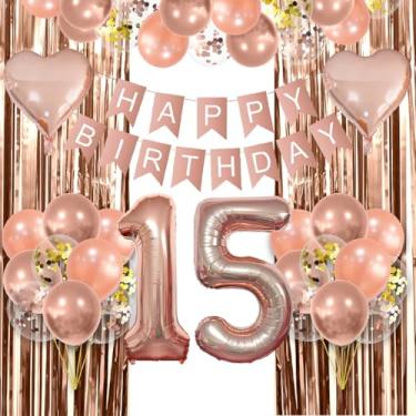 Imagem de Balões de ouro rosa, decoração de 15 anos, decoração para meninas, ouro rosa, feliz 15º aniversário, decoração de festa de 15 anos, decoração de meninos, balões de folha rosa, 15º aniversário