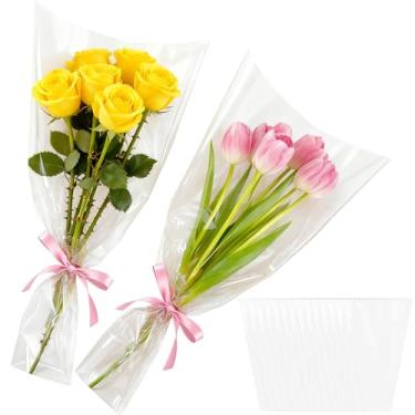 Imagem de Qjaiune 100 peças de sacos de buquê de flores, buquê de papel de embrulho, suprimentos de barra de flores com fita, mangas florais transparentes para professores, formatura, casamento, presente de