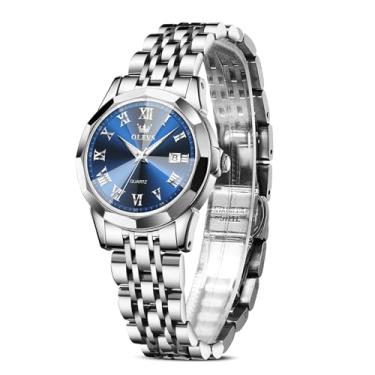 Imagem de OLEVS Relógio feminino de luxo, à prova d'água, prata, analógico, quartzo, aço inoxidável, relógios de pulso casuais para mulheres, rosto pequeno, com data para mulheres, Azul-L9990, round