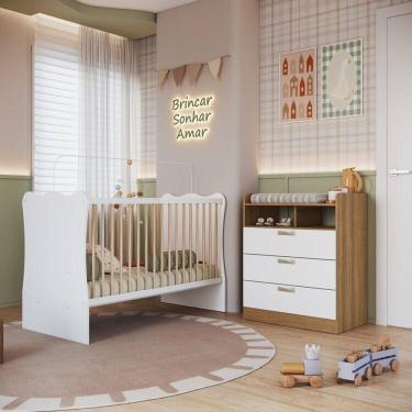 Imagem de Quarto Infantil com Cômoda 3 Gavetas e  Berço Branco/Mel