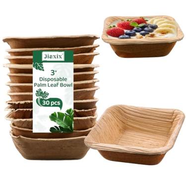 Imagem de Jiaxix 30 tigelas descartáveis de folha de palmeira quadrada de 7,6 cm - Utensílios de mesa compostáveis decorativos para almoço, jantar, aniversário, ao ar livre, churrasco, piquenique, tábuas de