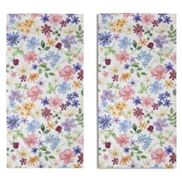 Imagem de sorfbliss Toalhas de mão florais primavera verão para banheiro conjunto de 2 folhas de flores rosa azul roxo toalhas de mão de banheiro tema sazonal toalha de banho macia absorvente para academia