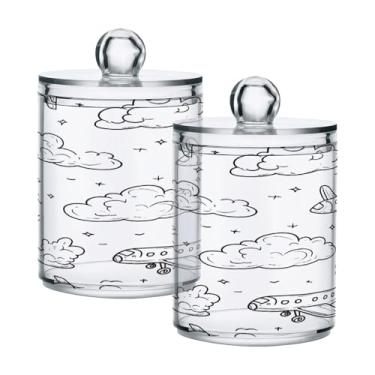 Imagem de Qilmy Suporte Qtip de desenho animado de aviões e nuvens, pacote com 2, frascos de boticário de 400 ml, vasilha organizadora de banheiro para cotonetes, bolas de algodão, almofadas de maquiagem, fio