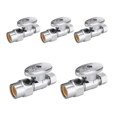 Imagem de Pacote com 5 válvulas de parada reta, válvula de suprimento de água Niikappu de 1/4 de volta, 1/5.1 cm CPVC x 3/20.3 cm OD válvula de fechamento de pia reta de compressão, latão cromado para bidê