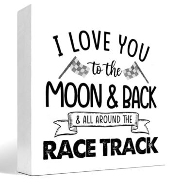 Imagem de z-crange I Love You To The Moon And Back And All Around The Race Track Placa de Caixa de Madeira Decoração de Mesa, Bandeiras Quadriculadas de Fazenda, Placa de Bloco para Casa Meninos Prateleira Decoração de Mesa